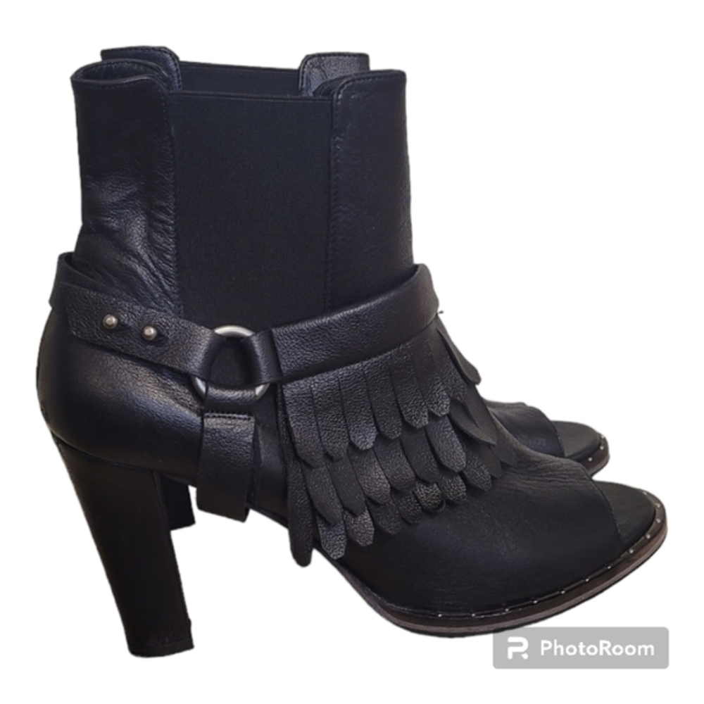 Freda salvador BLACK LEATHER HARNESS FRINGES OPEN TOE ANKLE BOOTS WOMEN’…